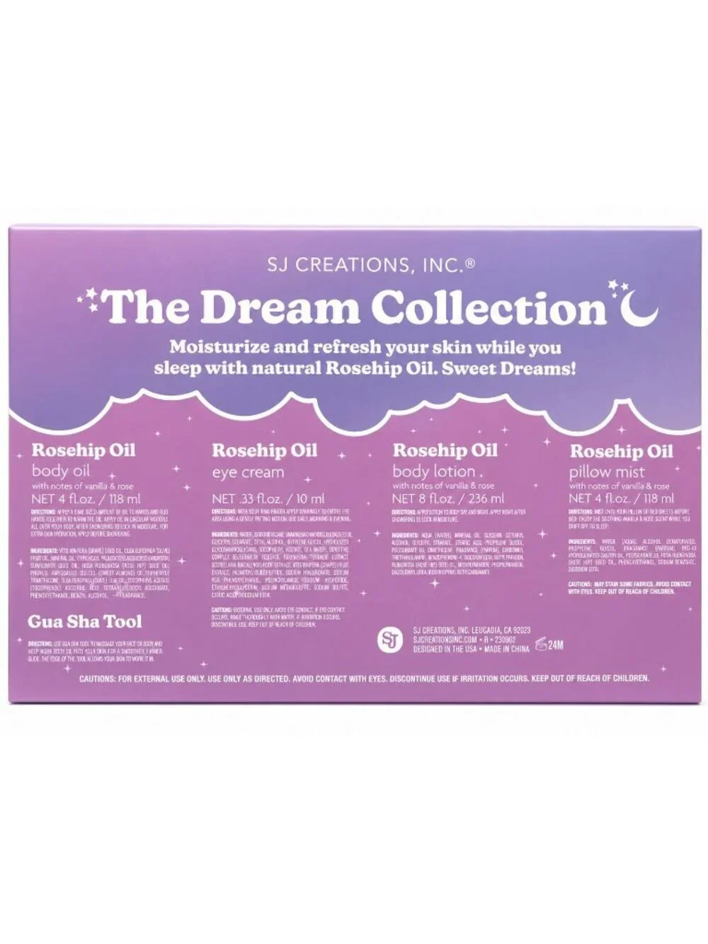SJ Creations Dream Collection Rosehip Oil Gift Set Gua Sha Body Care 5 Pc New